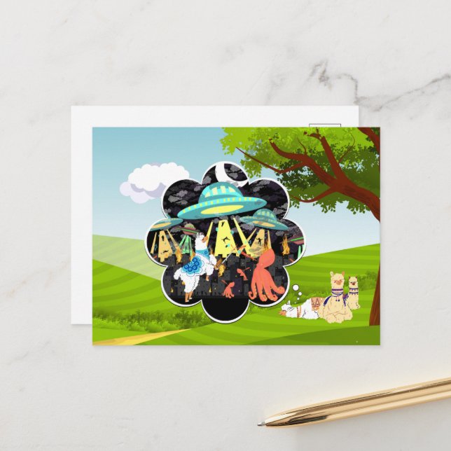 Funny Llama vs Evil Squid Epic Space Battle Postcard (Front/Back In Situ)