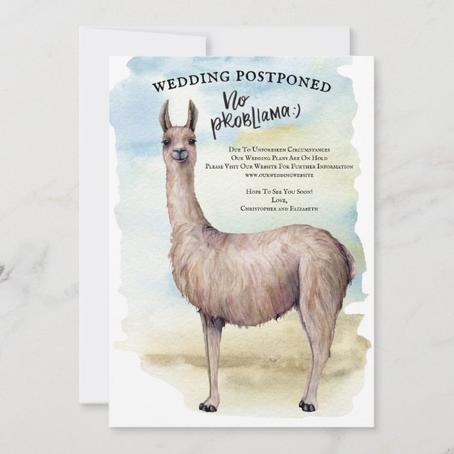 Funny Llama Watercolor Wedding Postponed Invitation (Front)