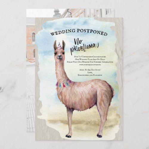 Funny Llama Wedding Photo Postponed Date Change Invitation