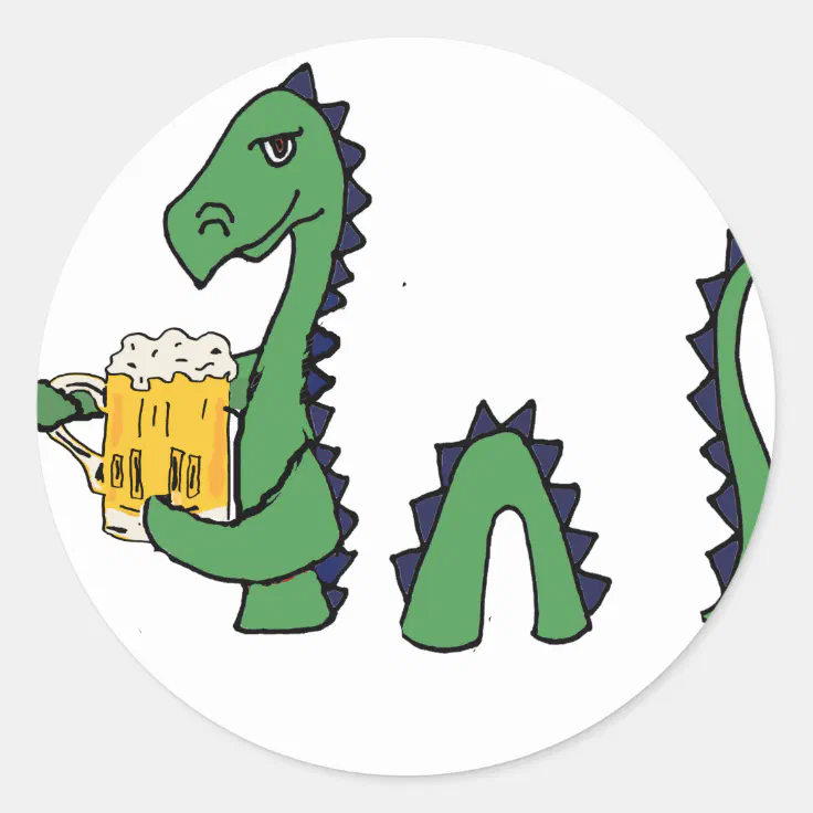 Funny Loch Ness Monster Drinking Beer Cartoon Classic Round Sticker | Zazzle
