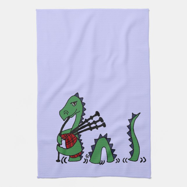 Funny Loch Ness Monster Playing Bagpipes Kitchen Towel (Vertical)