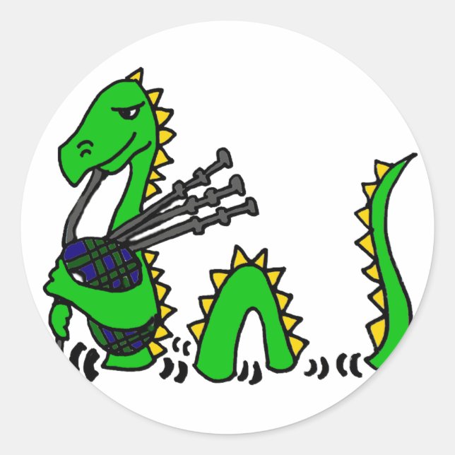 Funny Loch Ness Monster Playing Blue Bagpipes Classic Round Sticker (Front)