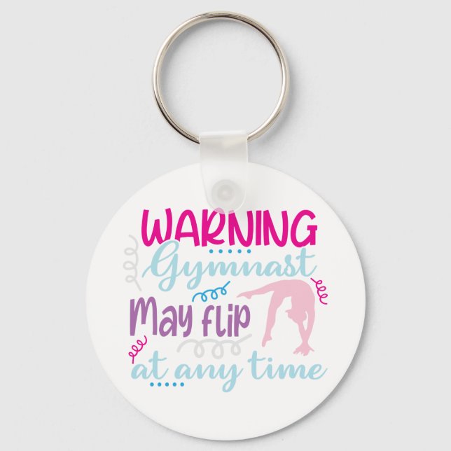 Funny logo gymnast girl pink blue might flip cute keychain (Front)