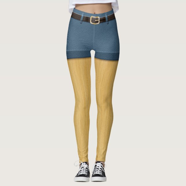 Funny Long Blonde Hairy Legs Denim Shorts Leggings (Front)
