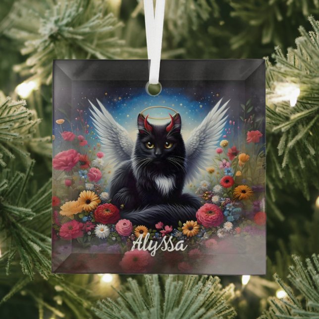 Funny Long Haired Black Demon and Angel Cat  Glass Ornament (Insitu)