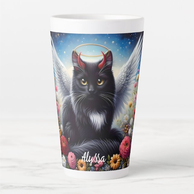 Funny Long Haired Black Demon and Angel Cat  Latte Mug (Front)