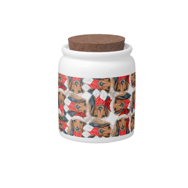 Funny Long Haired Dachshund Christmas Pattern Candy Jar (Front)