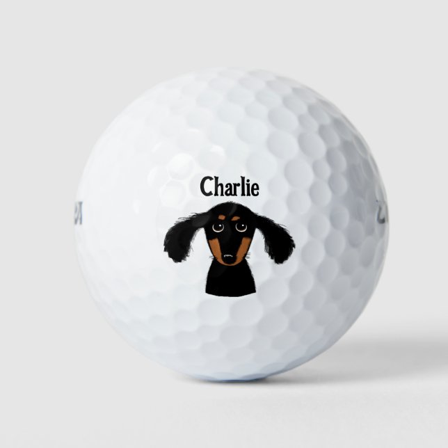 Funny Longhaired Dachshund Puppy Dog Custom Name Golf Balls (Front)