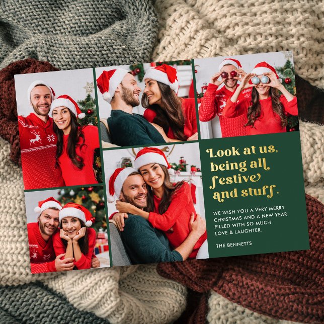 Funny Look at Us 5 Photo Collage Christmas Foil Holiday Card (Creator Uploaded)