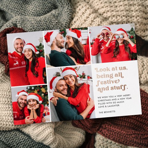Funny Look at Us 5 Photo Collage Christmas Foil Holiday Card