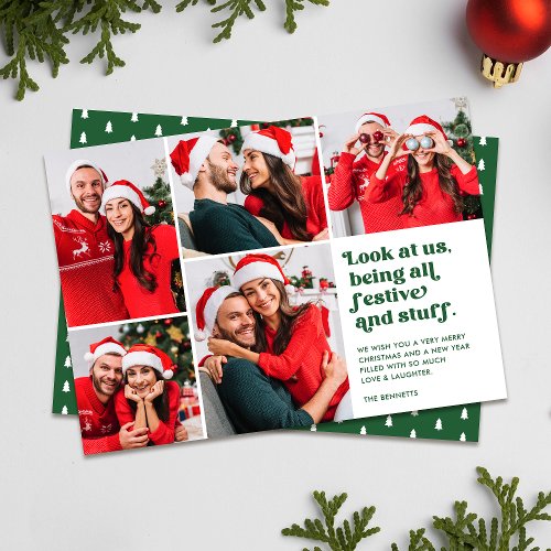 Funny Look at Us 5 Photo Collage Christmas  Green Holiday Card