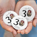 Funny 'Look Who's 30' Stylish 30th Birthday Button<br><div class="desc">Celebrate thirty years in style with our Look Who's 30 Milestone Button! Featuring a photo of the birthday person as the '0' in their age, this customizable button is a unique way to make them feel special. Our elegant calligraphy and personalized details, including their name, age, location, and year, make...</div>