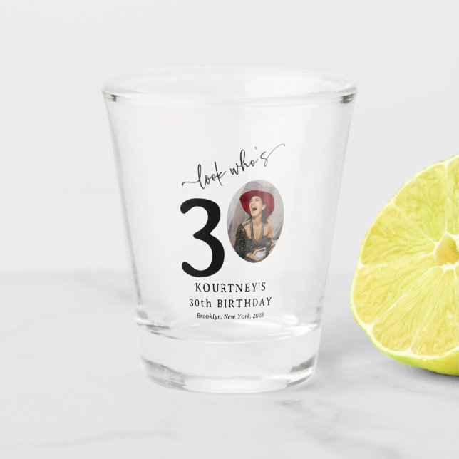 Funny 'Look Who's 30' Stylish 30th Birthday Shot Glass (Front)