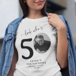 Funny 'Look Who's 50' Stylish 50th Birthday T-Shirt<br><div class="desc">Make a statement on your special day with our 'Look who's 50' Birthday T-Shirt. Perfect for the birthday star or their party guests, this fun and personalized piece is a must-have for any celebration. Adorned with elegant calligraphy, their name, portrait as a part of the '50', location, and year, this...</div>