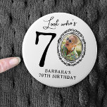 Funny Look Who's 70! Photo 70th Birthday Button<br><div class="desc">Celebrate turning seventy with these 70th birthday buttons. Featuring a quirky hand-doodled border,  your name,  and your face replacing the zero in 70. Make this birthday one to remember with this party must-have!</div>