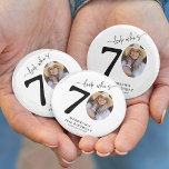 Funny 'Look Who's 70' Stylish 70th Birthday Button<br><div class="desc">Celebrate seventy years in style with our Look Who's 70 Milestone Button! Featuring a photo of the birthday person as the '0' in their age, this customizable button is a unique way to make them feel special. Our elegant calligraphy and personalized details, including their name, age, location, and year, make...</div>
