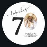 Funny 'Look Who's 70' Stylish 70th Birthday Classic Round Sticker<br><div class="desc">Look Who's 70 Funny Photo Simple 70th Birthday Classic Round Sticker. Make it a memorable milestone with our hilarious round sticker, featuring a funny photo that's sure to bring a smile to anyone's face. It's the perfect way to add some lightheartedness to a milestone birthday. Don't settle for a basic...</div>