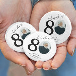 Funny 'Look Who's 80' Stylish 80th Birthday Button<br><div class="desc">Celebrate eighty years in style with our Look Who's 80 Milestone Button! Featuring a photo of the birthday person as the '0' in their age, this customizable button is a unique way to make them feel special. Our elegant calligraphy and personalized details, including their name, age, location, and year, make...</div>