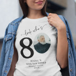 Funny 'Look Who's 80' Stylish 80th Birthday T-Shirt<br><div class="desc">Make a statement on your special day with our 'Look who's 80' Birthday T-Shirt. Perfect for the birthday star or their party guests, this fun and personalized piece is a must-have for any celebration. Adorned with elegant calligraphy, their name, portrait as a part of the '80', location, and year, this...</div>