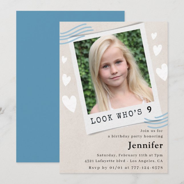 Funny Look who's turning 9th birthday invitations (Front/Back)