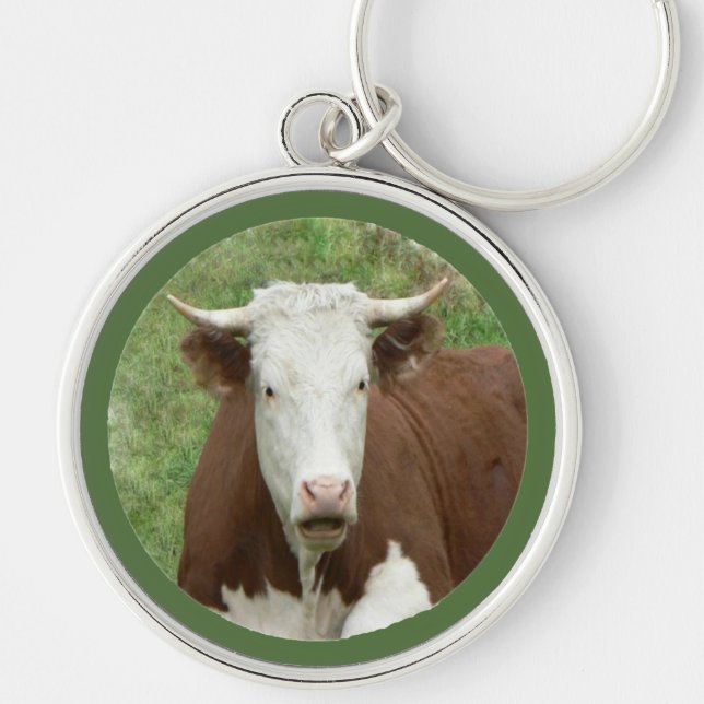 Funny Looking Cow in Grass Keychain (Front)