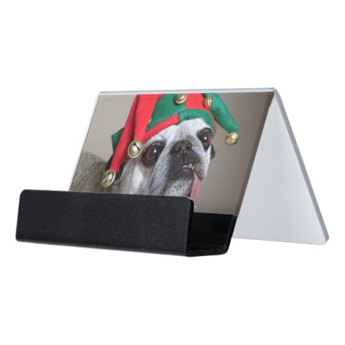 Funny looking pug with tongue hanging out desk business card holder