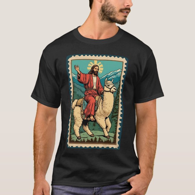 Funny Lord Jesus Riding Alpaca Christ Pride Llama T-Shirt (Front)