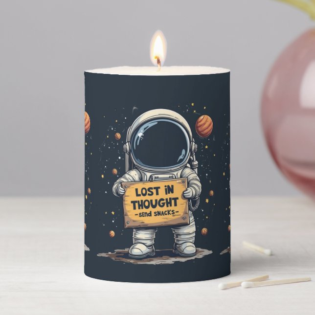 Funny Lost in Thought Astronaut Space Illustration Pillar Candle (In Situ)