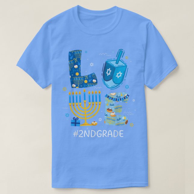 Funny LOVE 2nd Grade Teacher Menorah Jewish Hanukk T-Shirt (Design Front)