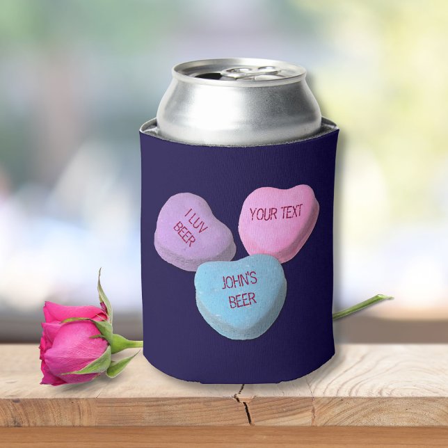 Funny Love Beer Candy Heart Custom Text Can Cooler (Creator Uploaded)