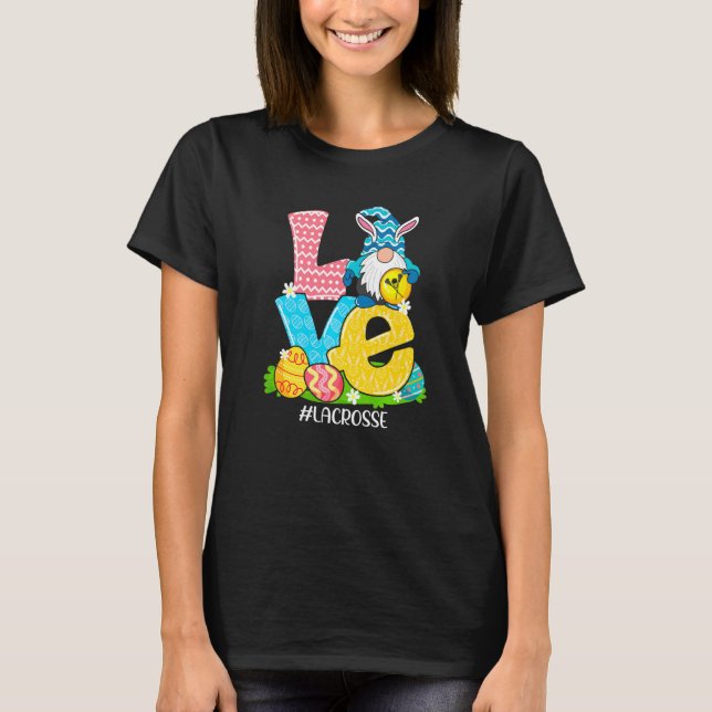 Funny Love Lacrosse Easter Gnome Egg Hunting Baske T-Shirt (Front)