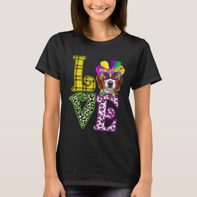 Funny Love Mardi Gras Beagle Dog Dad Dog Mom T-Shirt (Front)