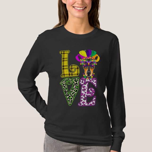 Funny Love Mardi Gras Doberman Dog Dad Dog Mom T-Shirt (Front)