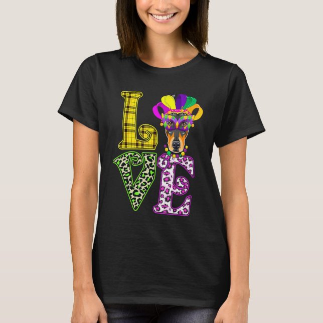 Funny Love Mardi Gras Doberman Dog Dad Dog Mom T-Shirt (Front)