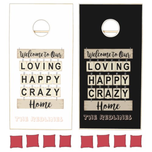 Funny Loving Happy Crazy Home Black and White Cornhole Set