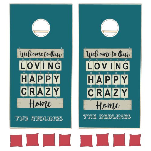 Funny Loving Happy Crazy Home Deep Teal Cornhole Set