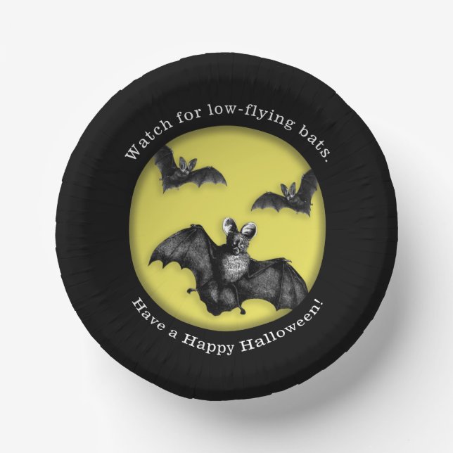 Funny Low Flying Bats Happy Halloween Paper Bowls (Front)