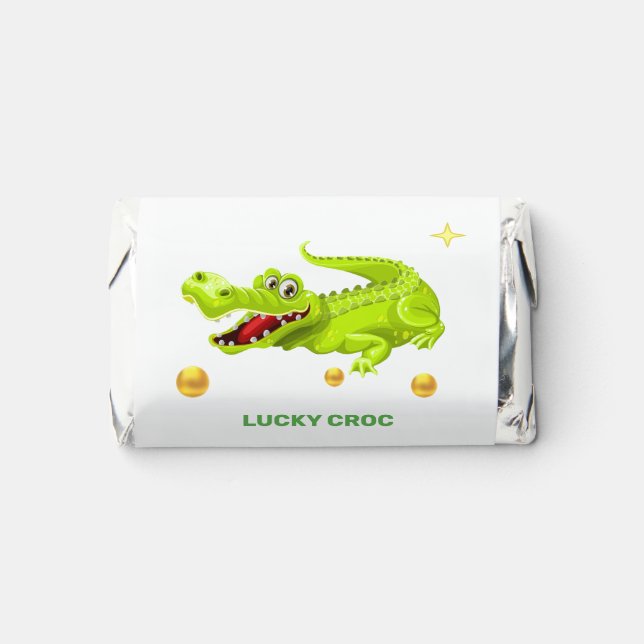 Funny Lucky Crocodile with Gold Confetti on White Hershey's Miniatures (Front)