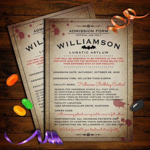 Funny Lunatic Asylum Halloween Birthday Party Invitation