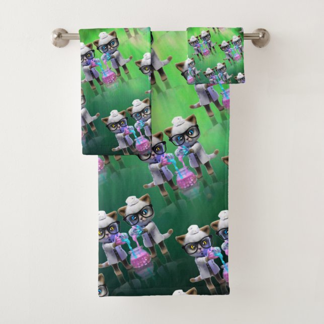 Funny Mad Cat Scientists Plotting World Domination Bath Towel Set (Insitu)