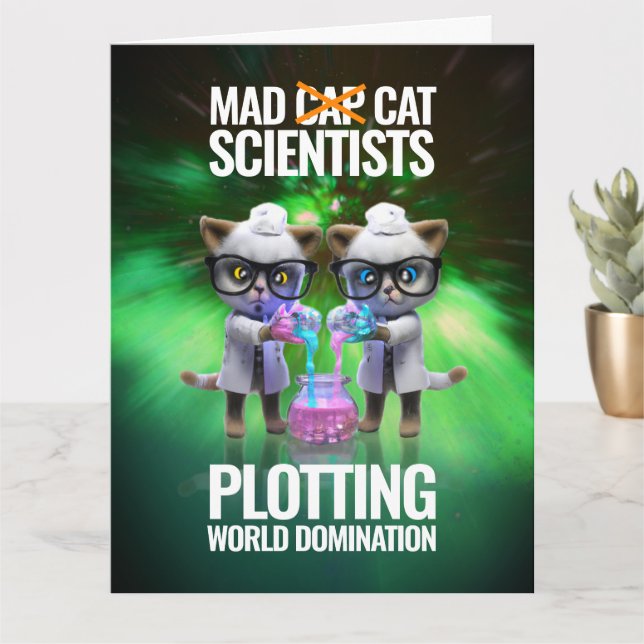 Funny Mad Cat Scientists Plotting World Domination Card (Small Plant)