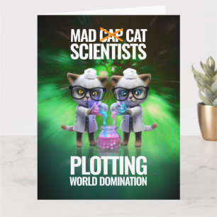 Funny Mad Cat Scientists Plotting World Domination Card