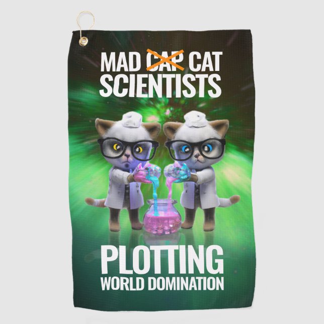 Funny Mad Cat Scientists Plotting World Domination Golf Towel (Front)
