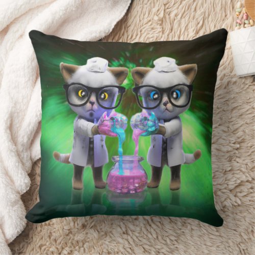 Funny Mad Cat Scientists Plotting World Domination Throw Pillow