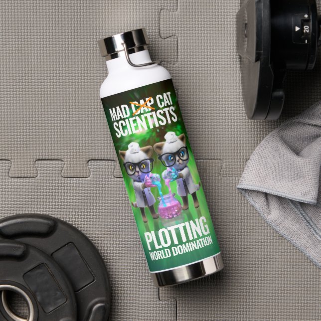 Funny Mad Cat Scientists Plotting World Domination Water Bottle (Gym)