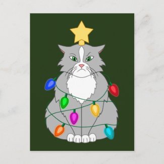 Funny Mad Christmas Tree Cat in Colorful Lights