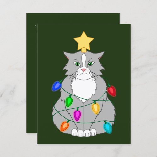 Funny Mad Christmas Tree Cat in Colorful Lights Invitation