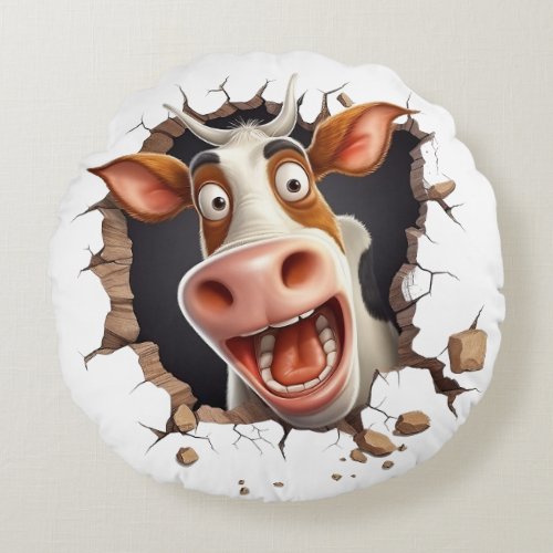Funny mad cow cartoon face farmers country fun round pillow