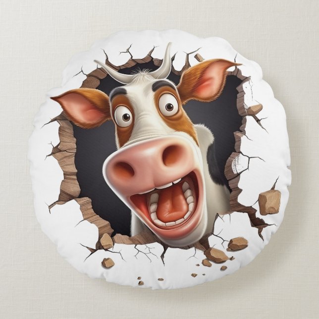 Funny mad cow cartoon face farmers country fun round pillow (Front)