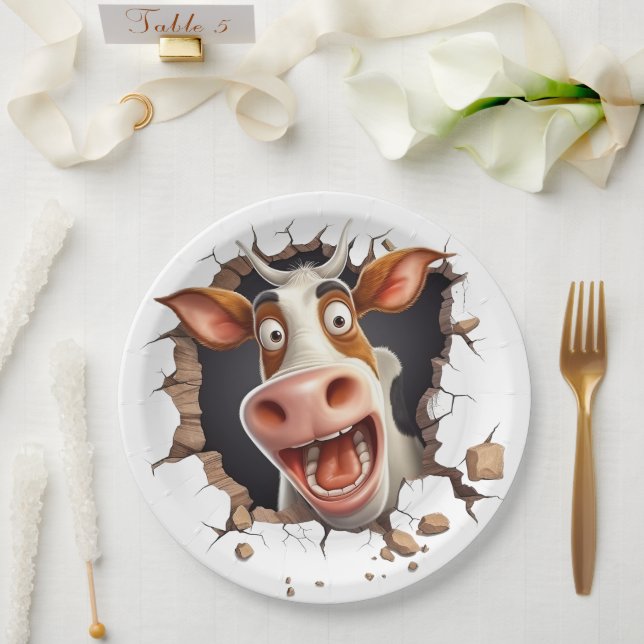 Funny mad cow cartoon face farmers country joke paper plates (Wedding)